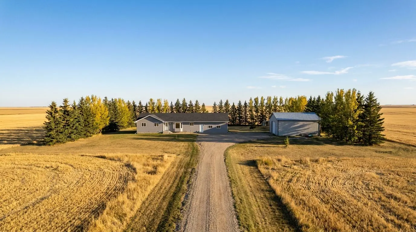 A bungalow and detached shop on an acreage with a long gravel driveway and spruce shelterbelt, surrounded by flat open prairie fields in early fall.