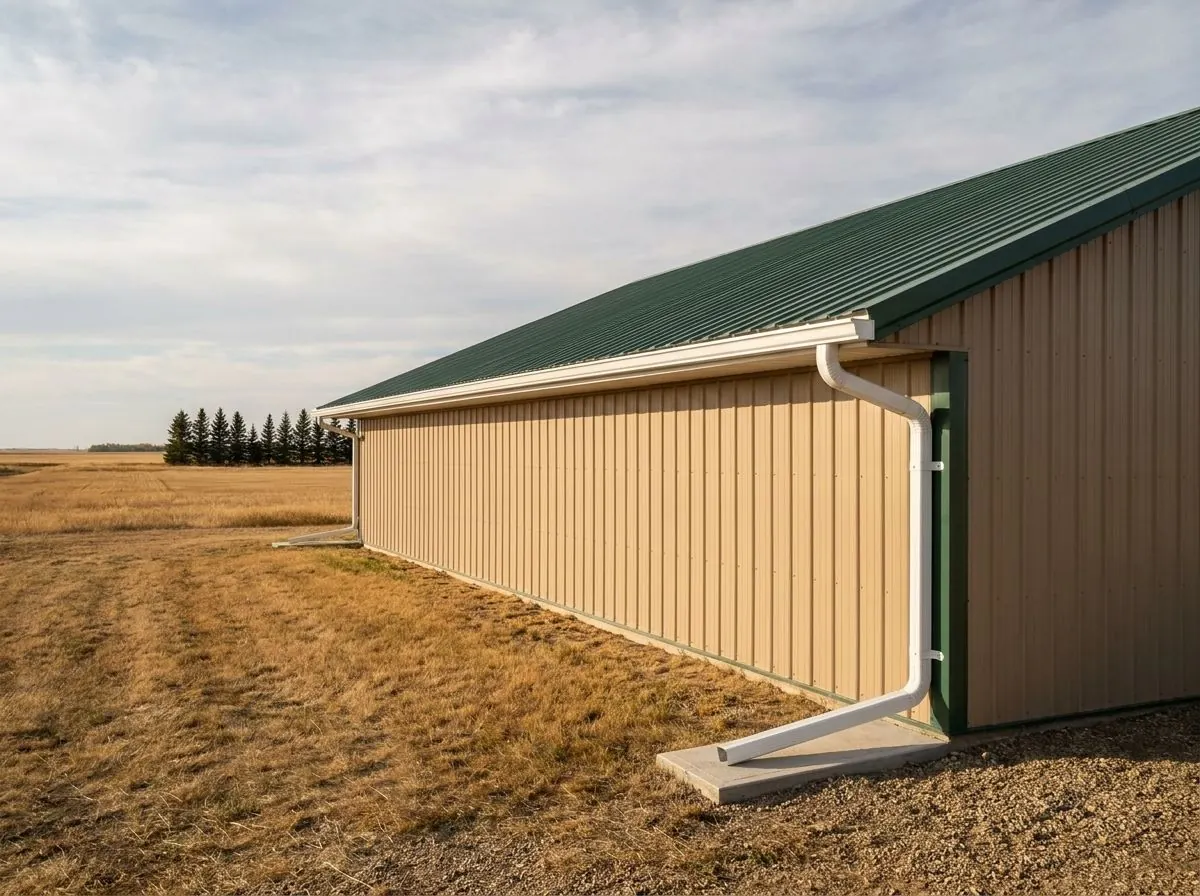 A detached steel-roofed shop on an acreage with a large eavestrough along its eave and a wide downspout to a splash pad, open prairie behind it.