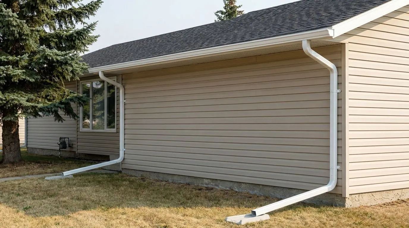 A beige bungalow with a long straight eave fitted with a new white five-inch seamless eavestrough, a downspout at each end reaching the lawn.