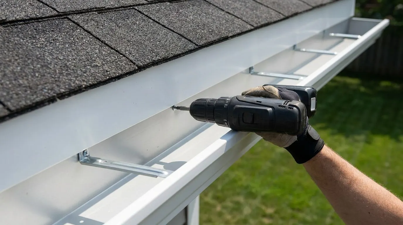 A gloved hand holds a cordless drill inside a new white eavestrough, driving a screw through the back of the trough into the fascia, with hidden hangers spaced along the run.