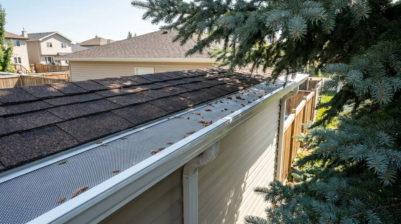 A white eavestrough covered by a stainless micro-mesh guard runs along a shingled roof edge, with spruce needles resting on top of the mesh.