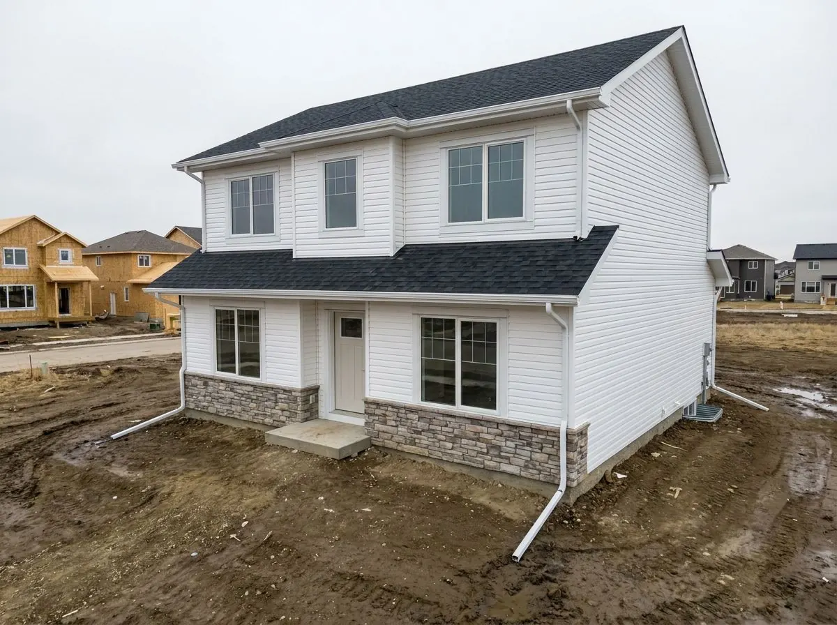 A newly built two-storey house with fresh shingles and siding, finished soffit, fascia and white eavestroughs, standing on an unlandscaped dirt lot.