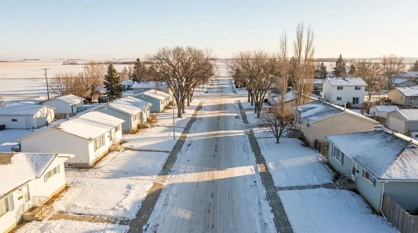 A snowy small-town street of older bungalows and modest two-storey homes with mature bare trees, detached garages and low winter sun.