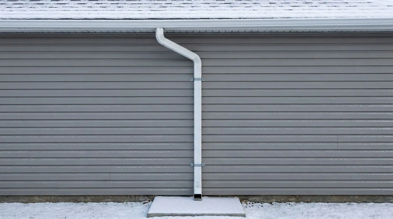Close view of a snowy townhouse eave with a large white eavestrough and one wide rectangular downspout running straight down the grey siding to a splash pad in the snow.