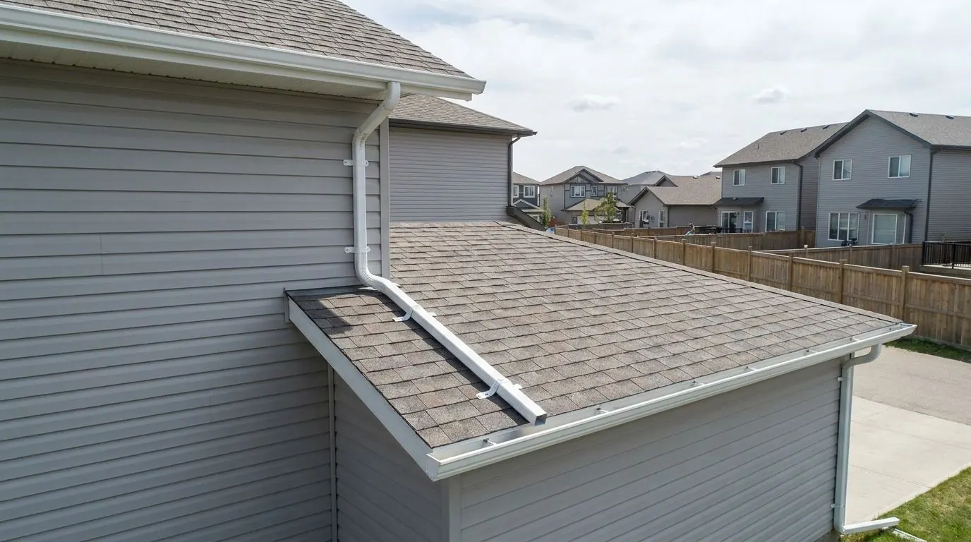 A downspout from the upper roof of a two-storey house ends on the lower garage roof in an extension pipe that carries water down the shingles to the lower eavestrough.