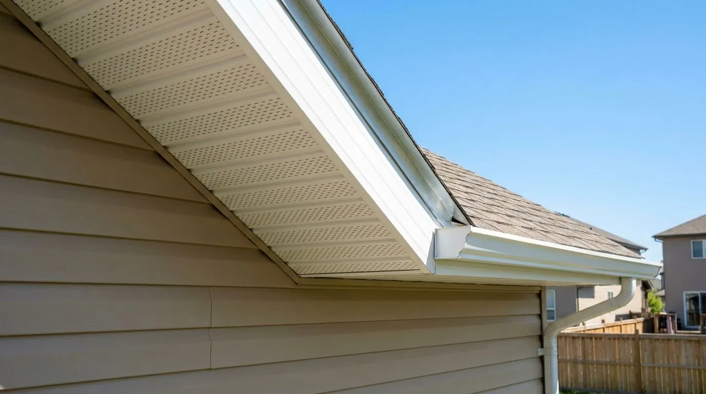 Looking up at the overhang of a tan house, with white perforated aluminum soffit panels, smooth white fascia and a white eavestrough along the roof edge.